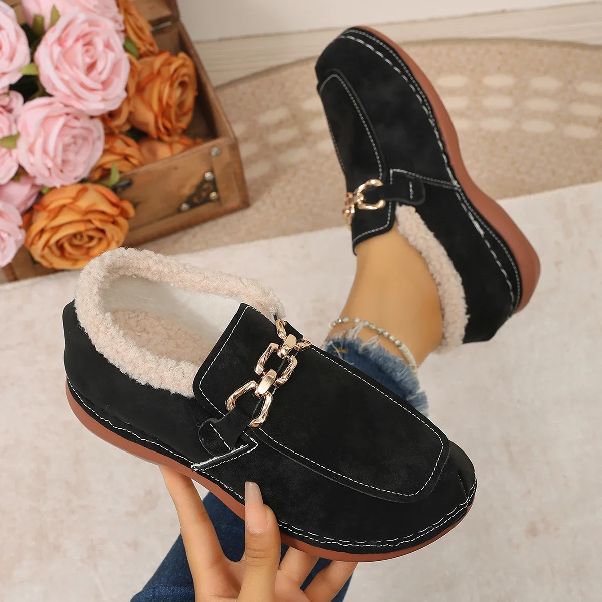 Comfortable Women Warm Casual Boots New Trend Plush Designer Shoes Lightweight Low Cut Snow Boots Rubber Sole Round Toe Boots