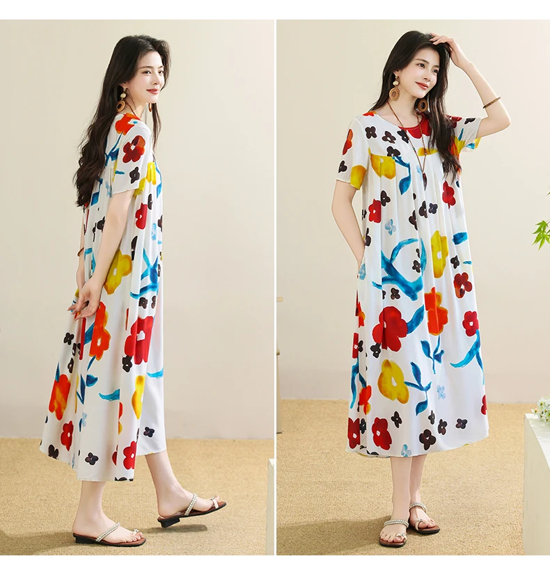 New 2025 Summer Dress For Women Plus Size Dress Casual Short Sleeve Boho Vintage Print Long Maxi Dress Beach Women Clothing