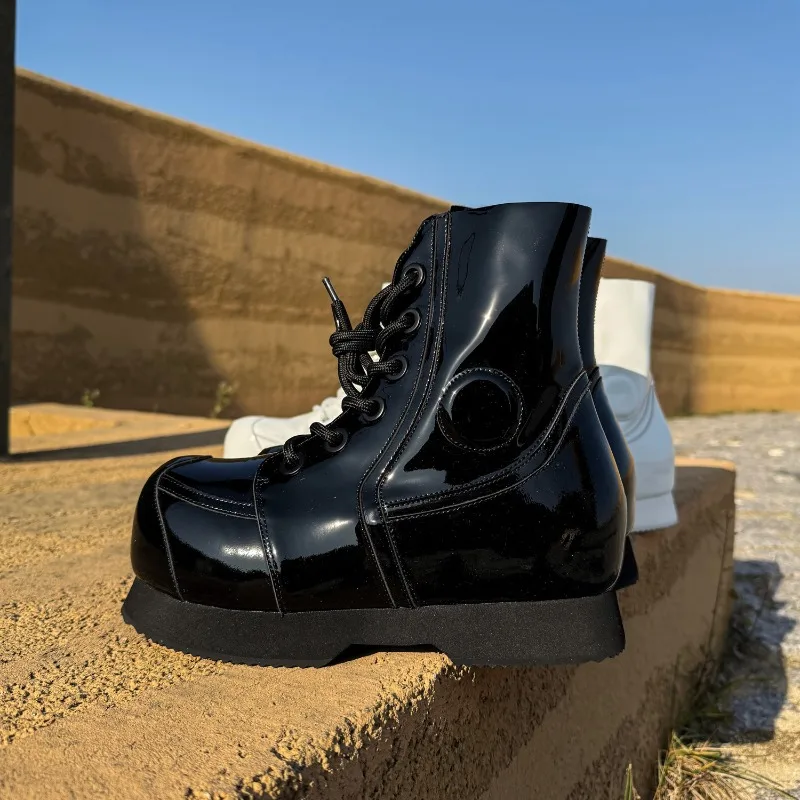 Fashion Men Shoes Patent Leather Platform Ankle Boots Lace Up Round Toe Gothic Sweet Lolita Cosplay Punk Shoes