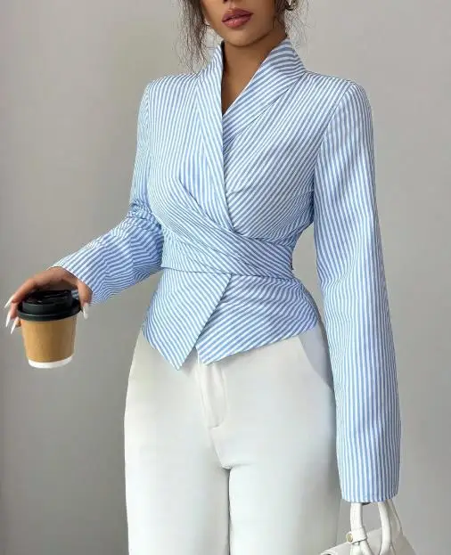 

Autumn New Striped Printed Lapel and Waist Cinching Lace Up Shirt for Women's Fashionable Commuting Slim Fit Short Shirt