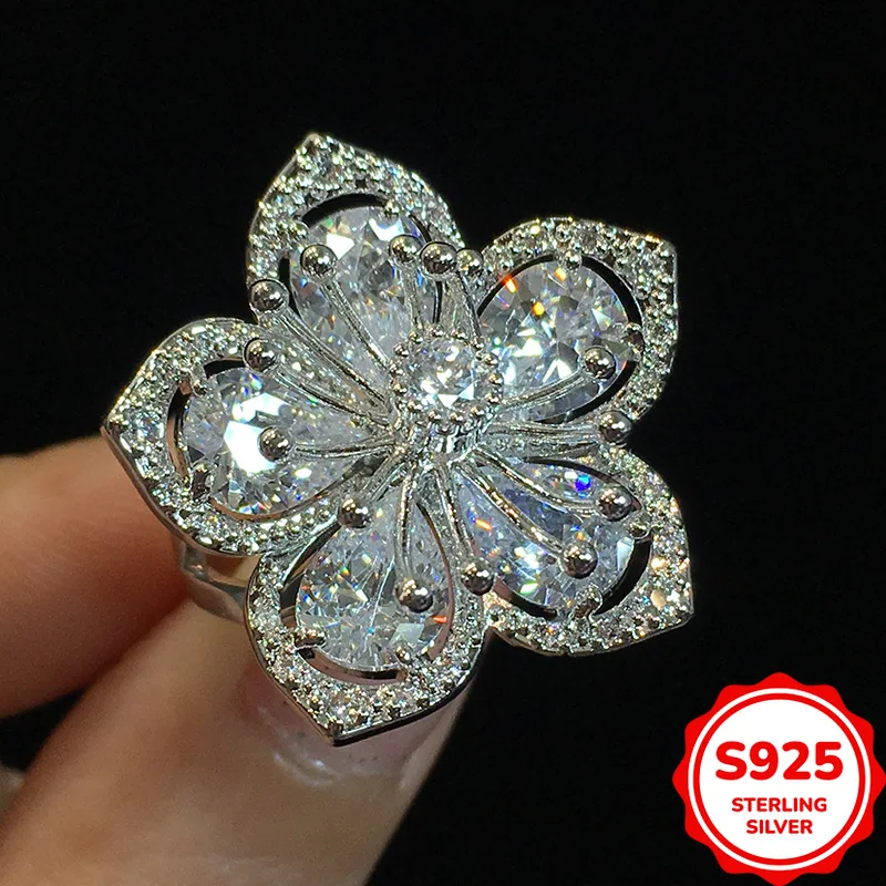 Fashionable and Versatile Authentic S925 Silver Elegant Five-petal Flower Water Drop Zircon Women's Wedding Ring