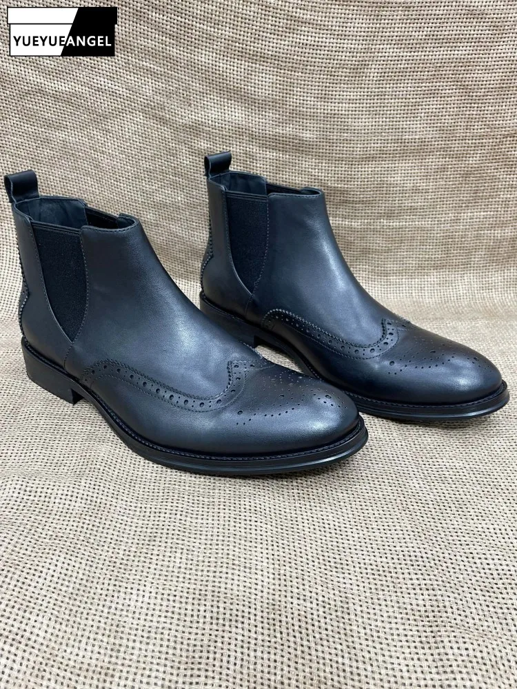 

Business Casual Office Mens Brogues High Top Shoes Slip On British Style Men Vintage Cowskin Genuine Leather Chelsea Short Boots
