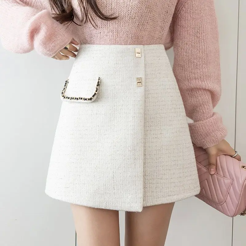 

Women Autumn Winter New High Waist Woolen Skirts Thickened Wrapped Hip Button Short Skirt Simple Casual Versatile A-line Skirt