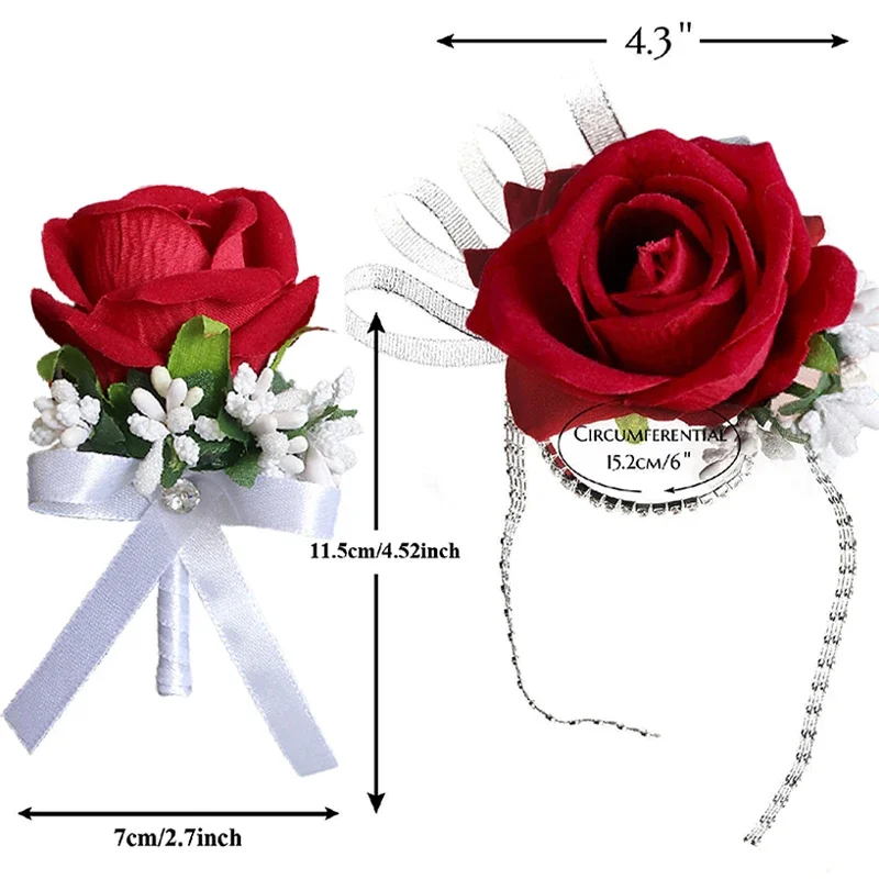 1pc Red Rose Wrist Corsage and Boutonniere for Groom Bride Groomsmen Bridesmaids Wedding Party Prom Wrist Corsage Wristband