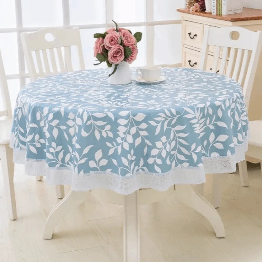 

Pastoral Style PVC Tablecloth Printed Design Oil Resistant Waterproof Tablecloth Flower Pattern Lace Hem Round Table Cover