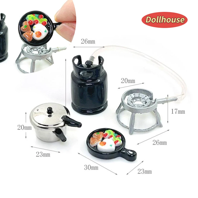 1/12 Dollhouse Kitchenware Set Mini Gas Stove Fried Egg Pressure Cooker Model Dolls House Kitchen Toys Kid Pretend Play Toy