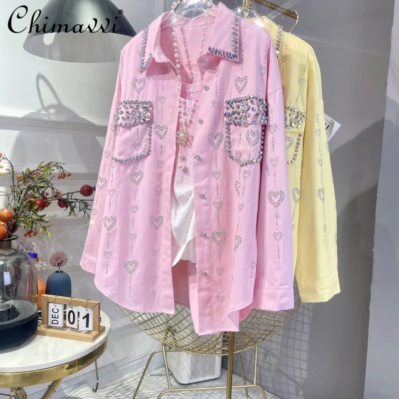 

Осень 202, новая повседневная рубашка-рубашка ручной работы со стразами и бисером, легкая роскошная свободная джинсовая рубашка с длинными рукавами, женский топ