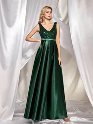 Lucyinlove Elegant V Neck Green Sequin Evening Dress Long 2024 Luxury Women Satin Sleeveless Party Dress Prom Cocktail Dress