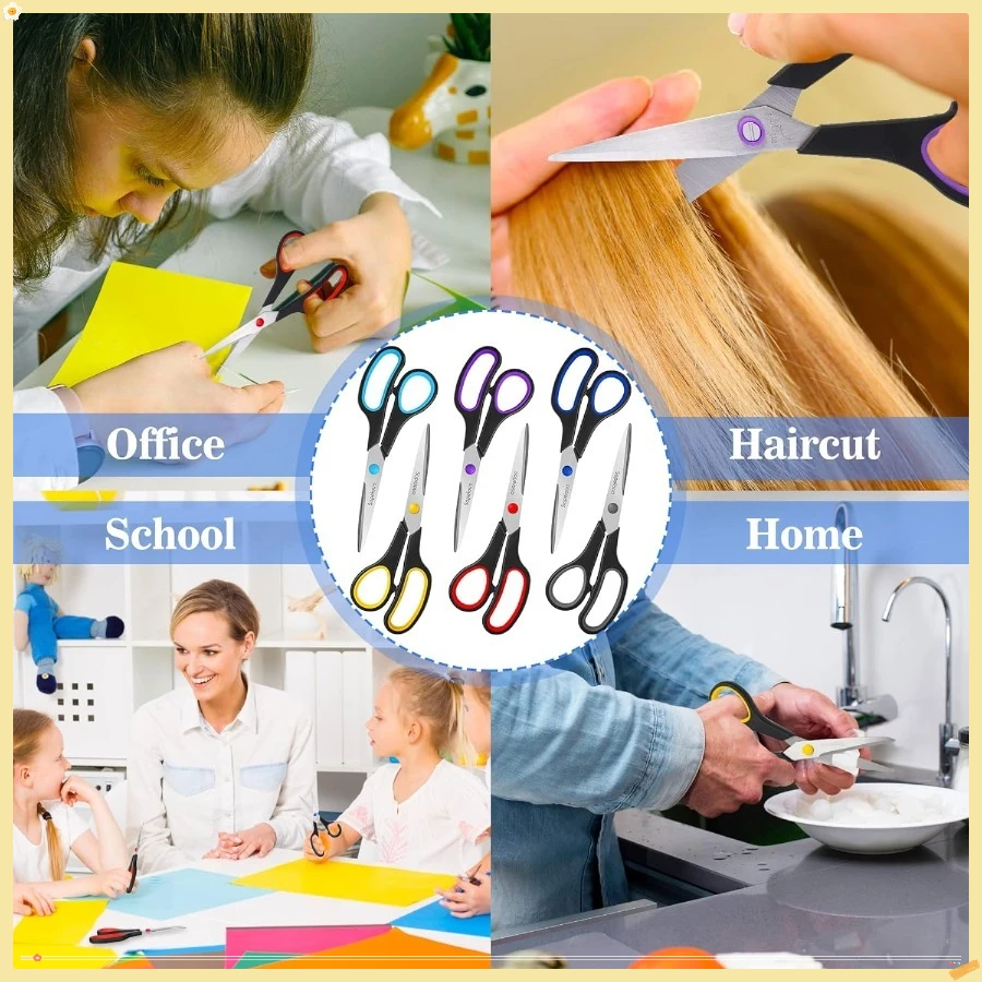 Scissors Set of 6-Pack, 8" Scissors All Purpose Comfort-Grip Handles, Sharp Scissor for Office Home School Craft Sewing