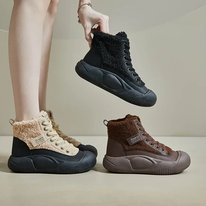 Thickened Fleece-lined Women\'s  Winter New Snow Boots Non-slip Warm Footwear High-top Cotton Shoes Casual Sports Board Shoes