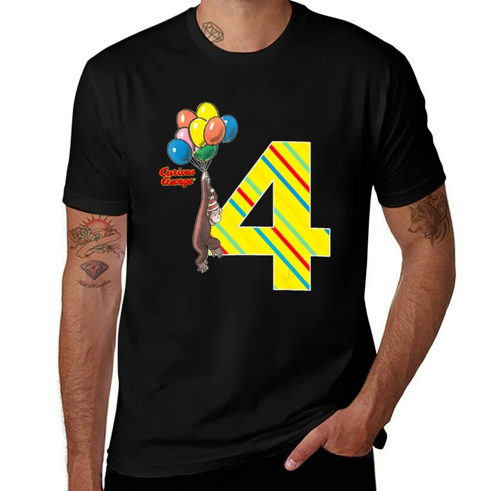 Curious George Vintage 4th Birthday Balloons T-Shirt Fitness Training Breathable Tee T-Shirt