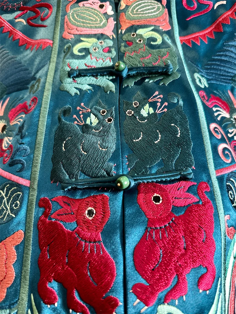 Spring New Standing Collar Palace Embroidery New Chinese Style Top Women\'s Elegant Peacock Blue Fashionable Coat M-XXL