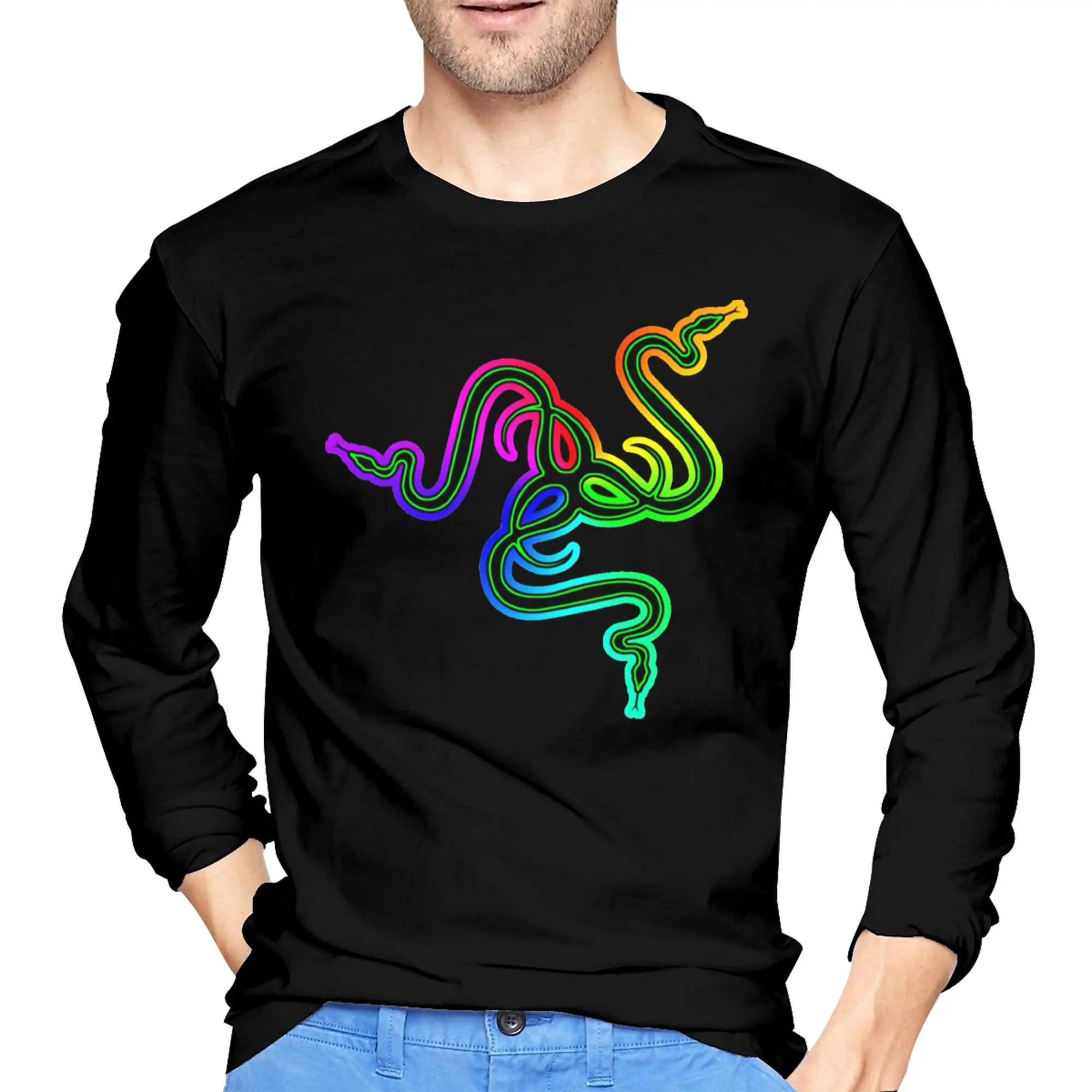 

Razer Мужская футболка с длинными рукавами Модные футболки с круглым вырезом Весенние и осенние мужские топы