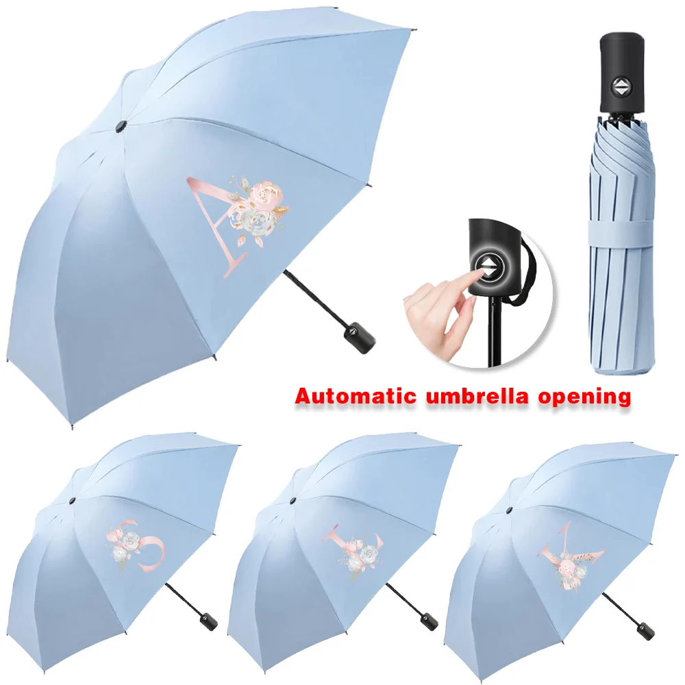 

Automatic Umbrella Portable Sunshade Sunscreen Blue Handle Foldable Use Rain Umbrellas Pink Flower Printing Travel Sun Rain Dual