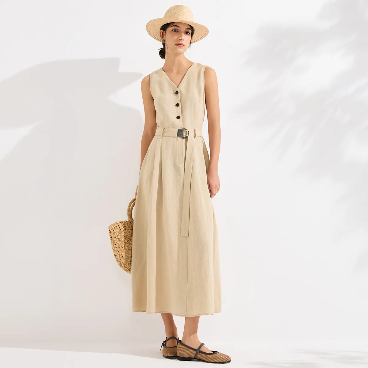 KX9613718 Luxury 100% Linen Dress Women's V Neck Sleeveless Midi Robe Elegant Button Front Belted A Line Runway Vestidos