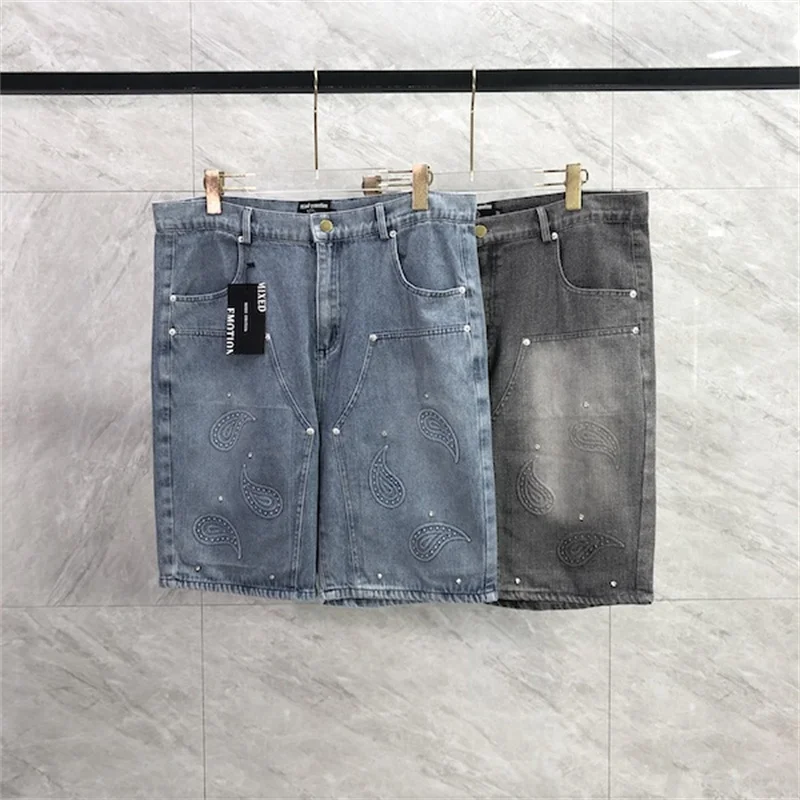 

Vintage Sparkling Diamond Button Mixed Emotion Shorts Cowboy Men Women Unisex Cardigan ME Denim Shirt Pants