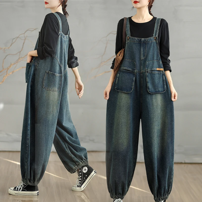 

Свободные повседневные джинсовые комбинезоны для женщин больших размеров: модный осенний новый стиль, смесь хлопка и полиэстера, без стрейча, синие джинсы