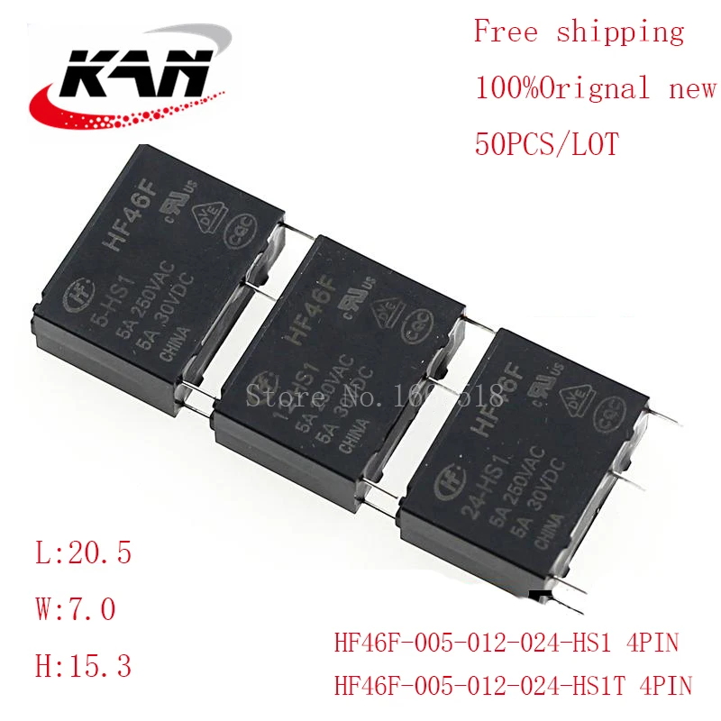 

Free shipping 50pcs Power relay HF46F-005-HS1 HF46F-012-HS1 HF46F-024-HS1 5VDC 12VDC 24VDC 5A 250VAC 4PIN Original New