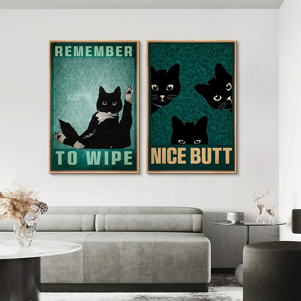 Funny Black Cat Nice Butt Toilet Wall Art Cat Remember To Wipe Canvas Posters Prints Pictures Home Bathroom Living Room Decor