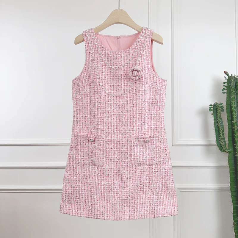 

Розовое маленькое платье без рукавов с жемчужной цепочкой и объемным цветком, женское модное милое французское элегантное короткое платье с жилетом