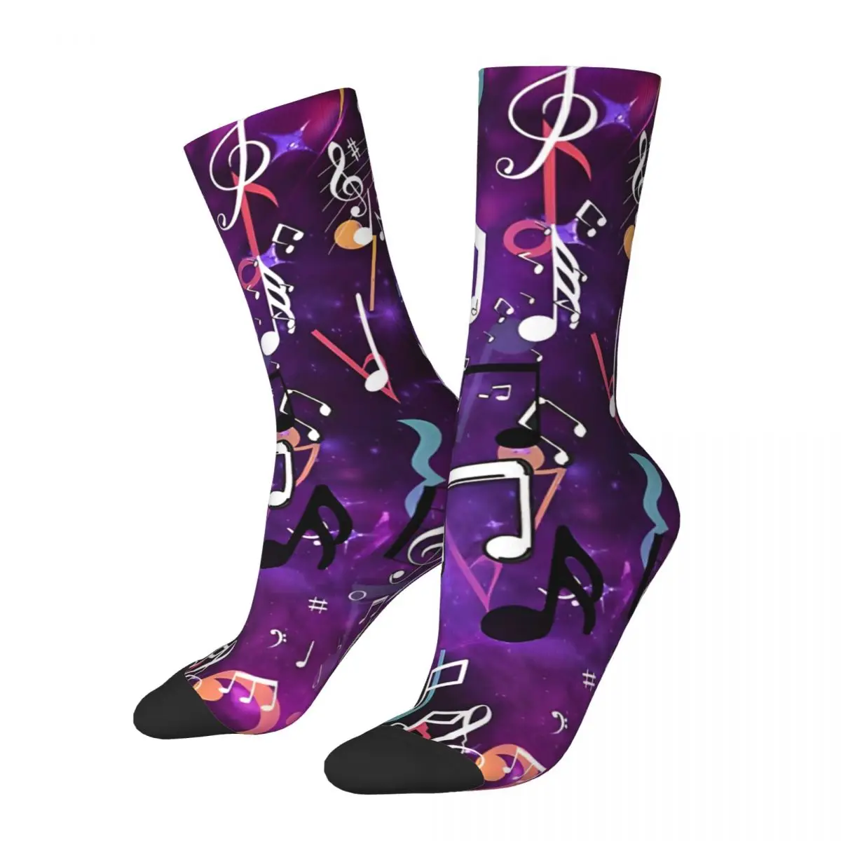 Funny Crazy Sock for Men Purple Glow Music Notes Hip Hop Harajuku Music Note Happy Pattern Printed Boys Crew Sock Novelty Gift