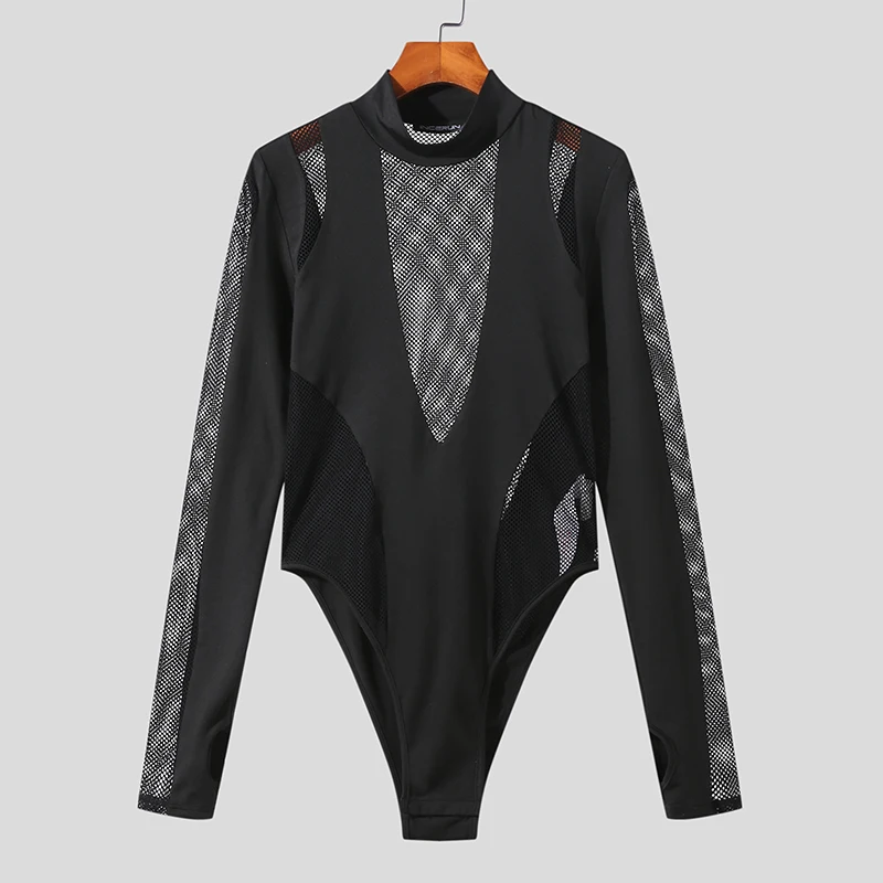 INCERUN Sexy Homewear Herren Hohl Durchsichtige Mesh Splice Bodys Lässige Enge Elastische Ärmel Finger Dreieck Overalls S-5XL