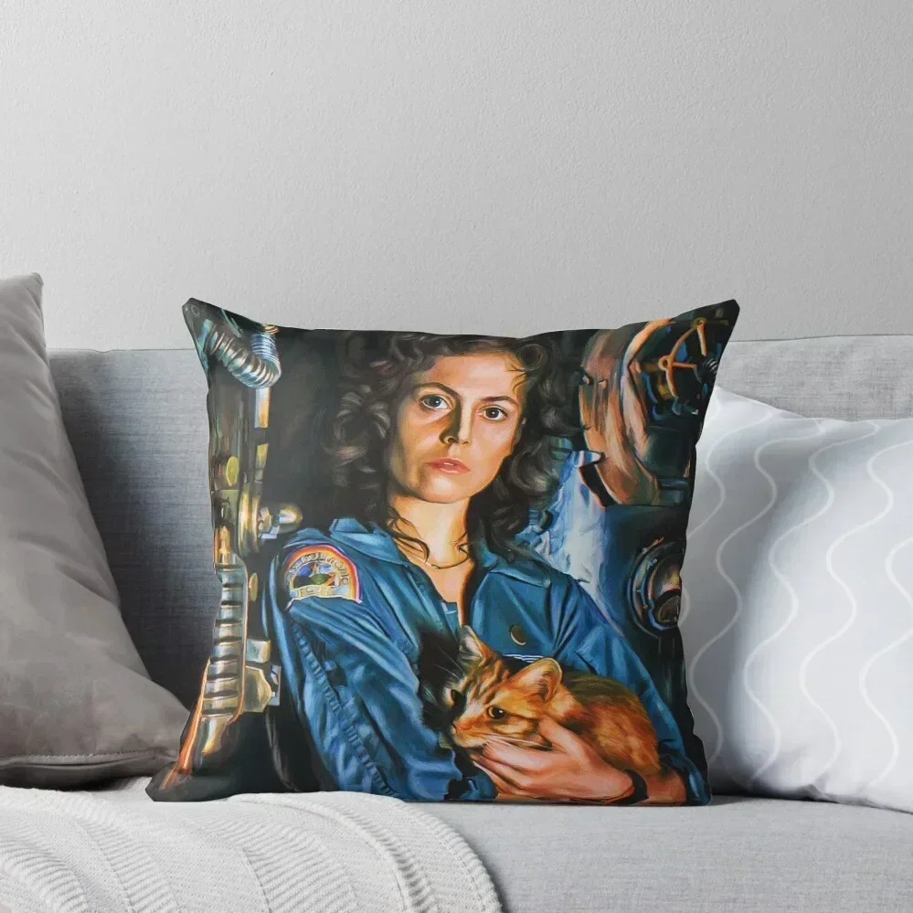 

Sigourney Weaver as Ellen Ripley with cat. Digital artwork illustration print. Alien movie fan gift. Throw Pillow