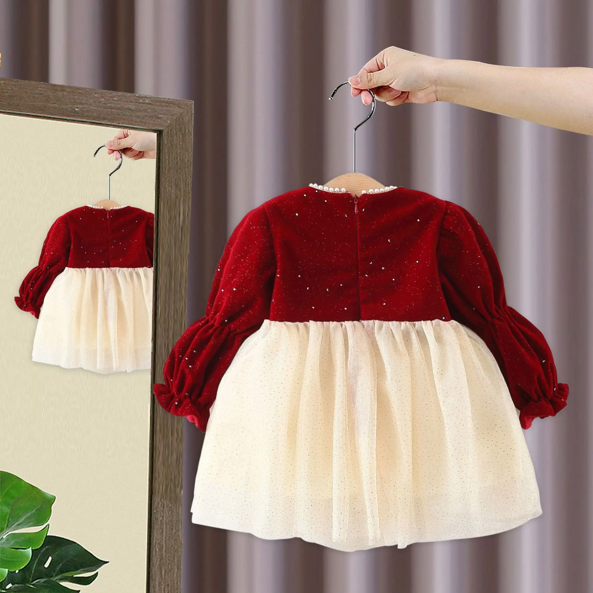 Girls Dress Foreign Style Princess Dress Autumn and Winter New Children Fleece Warm Dress Baby Joy Red Skirt Girl Winter Dresses