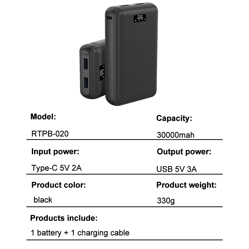 Bateria externa do carregador portátil para colete de aquecimento, Power Bank para cachecol e luvas, 30000mAh, 5V, 3A