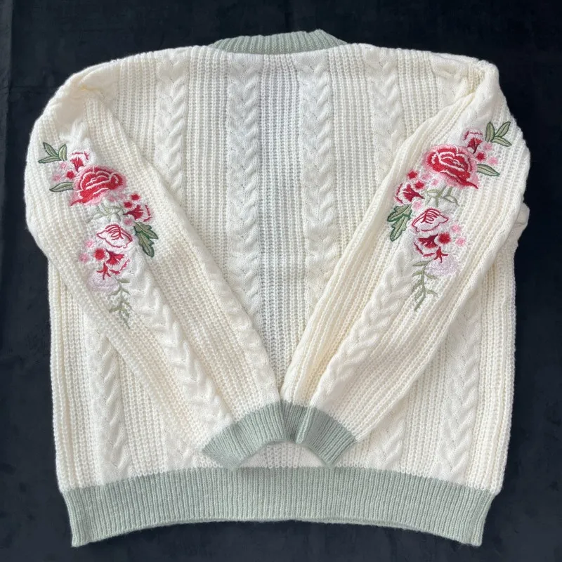 Plus Size Folklore Cardigans with Flower Embroidery Sweater Fashion Autumn Winter Knitted Cardigan Women Cream Floral Sweaters