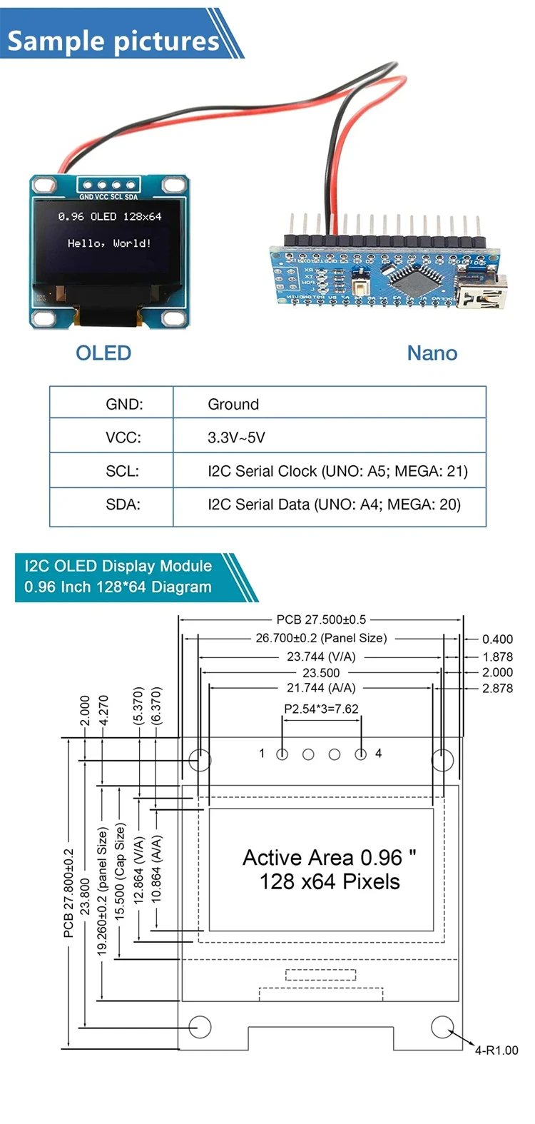 0,96 Zoll OLED-Display 128x64 I2C IIC SSD1306 Modul Weiß Blau Gelb-Blau 12864 Mini-LCD-Bildschirm Kompatibel mit Arduino DIY – Detail 5