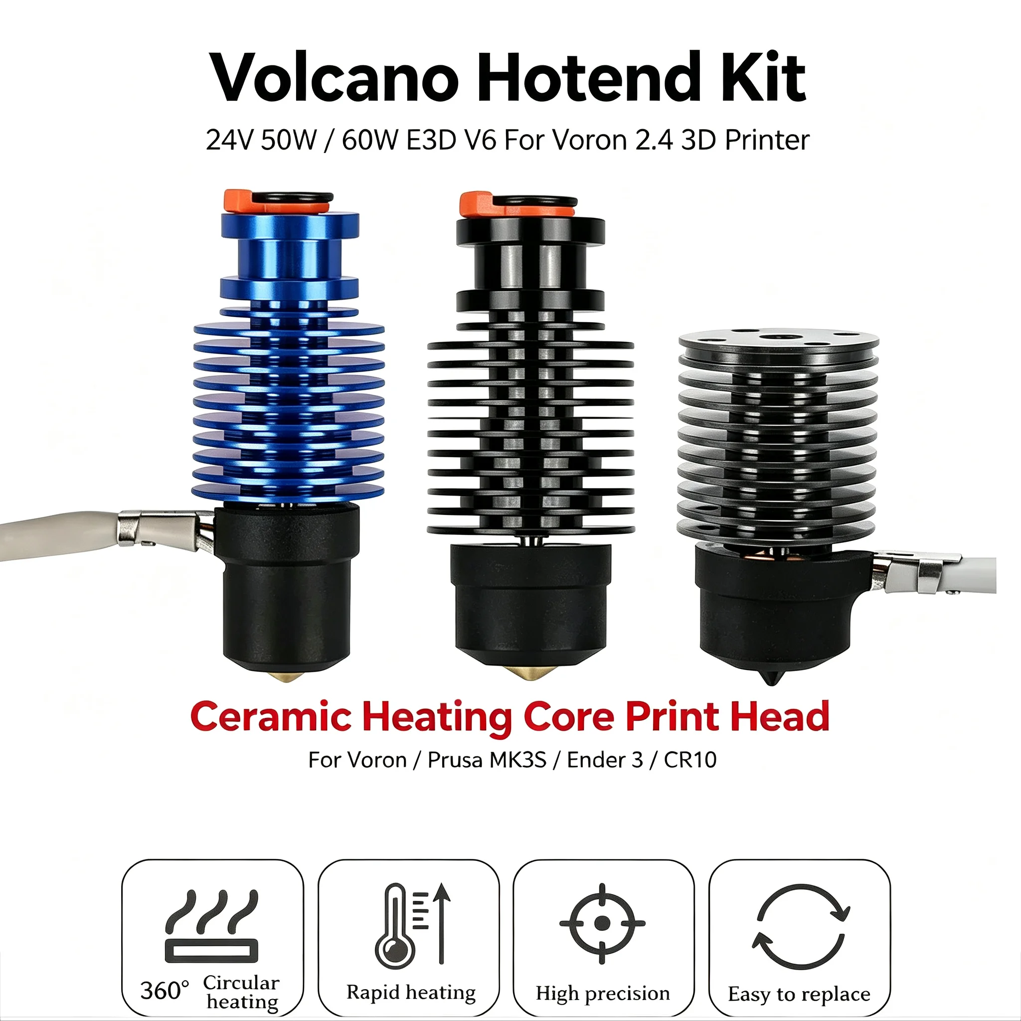 Volcano Hotend Kit：24V 50W 60W E3D V6 For Voron 2.4 3D Printer Ceramic Heating Core Print Head For Voron Prusa MK3S Ender 3 CR10