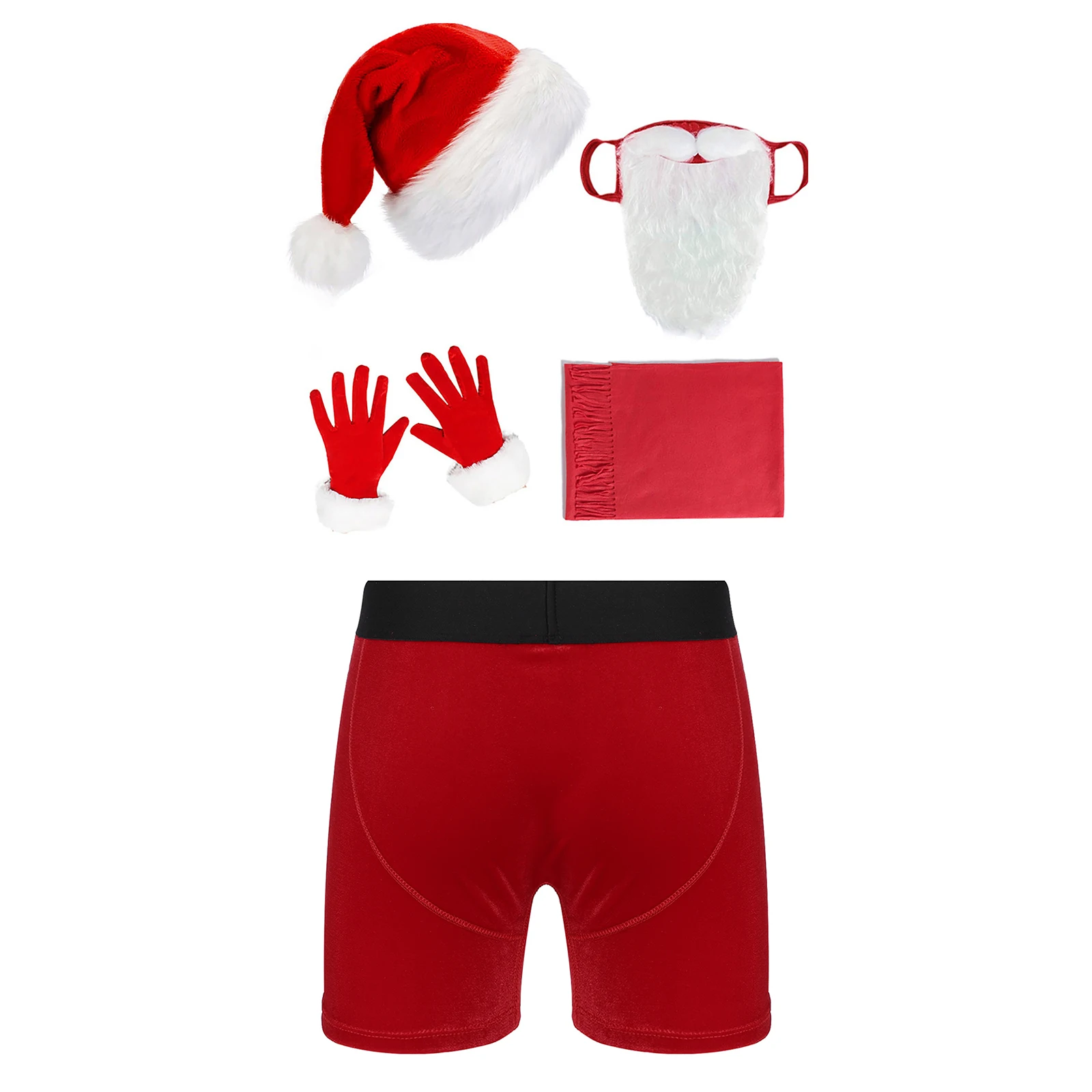 Mens Sexy Christmas Costume Santa Claus Underwear Sets Metallic Bowknot Velvet Boxer Shorts with Santa Hats Beard Gloves Scarf