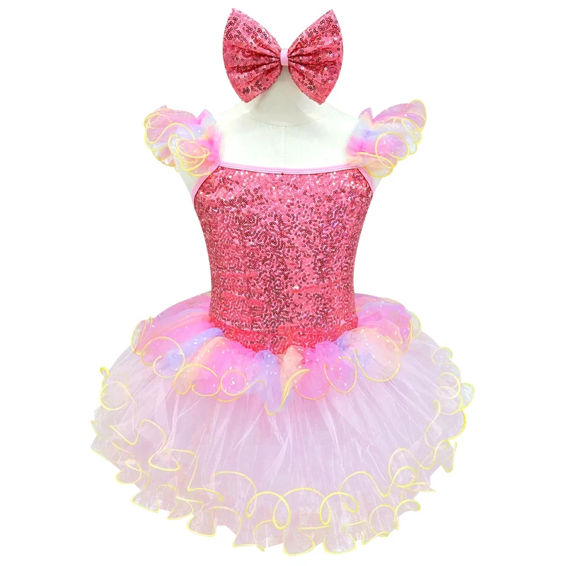 

Girls' Sequin Ballet Dance Dress with Bow Decor, Colorful Tulle Skirt, Ruffled Sleeves, for Stage Performance & Party
