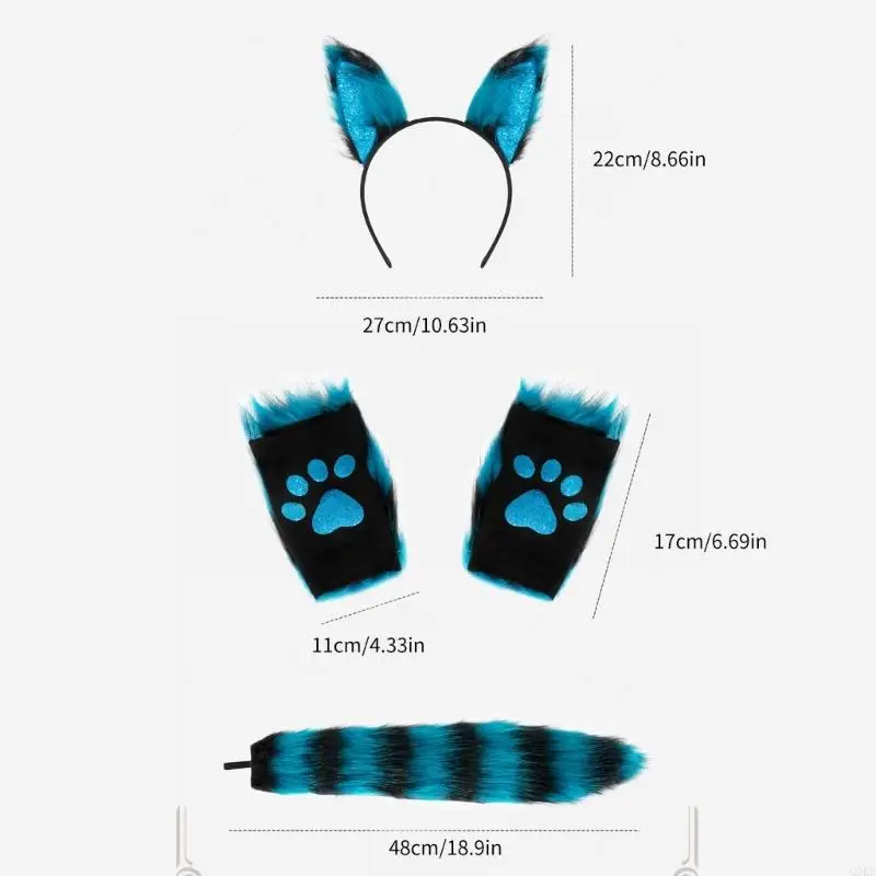 Q0KE Accessori per costumi da volpe, fascia per orecchie animali, coda guanti in peluche per bambina, cosplay Natale,