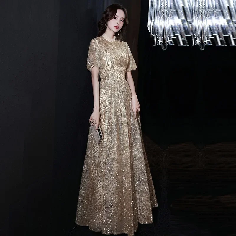 

Плиссированное вечернее платье с пышными рукавами, платье с кружевным воротником, Cheongsam, золотой пудровый блесток, Qipao, элегантное длинное платье с жемчугом