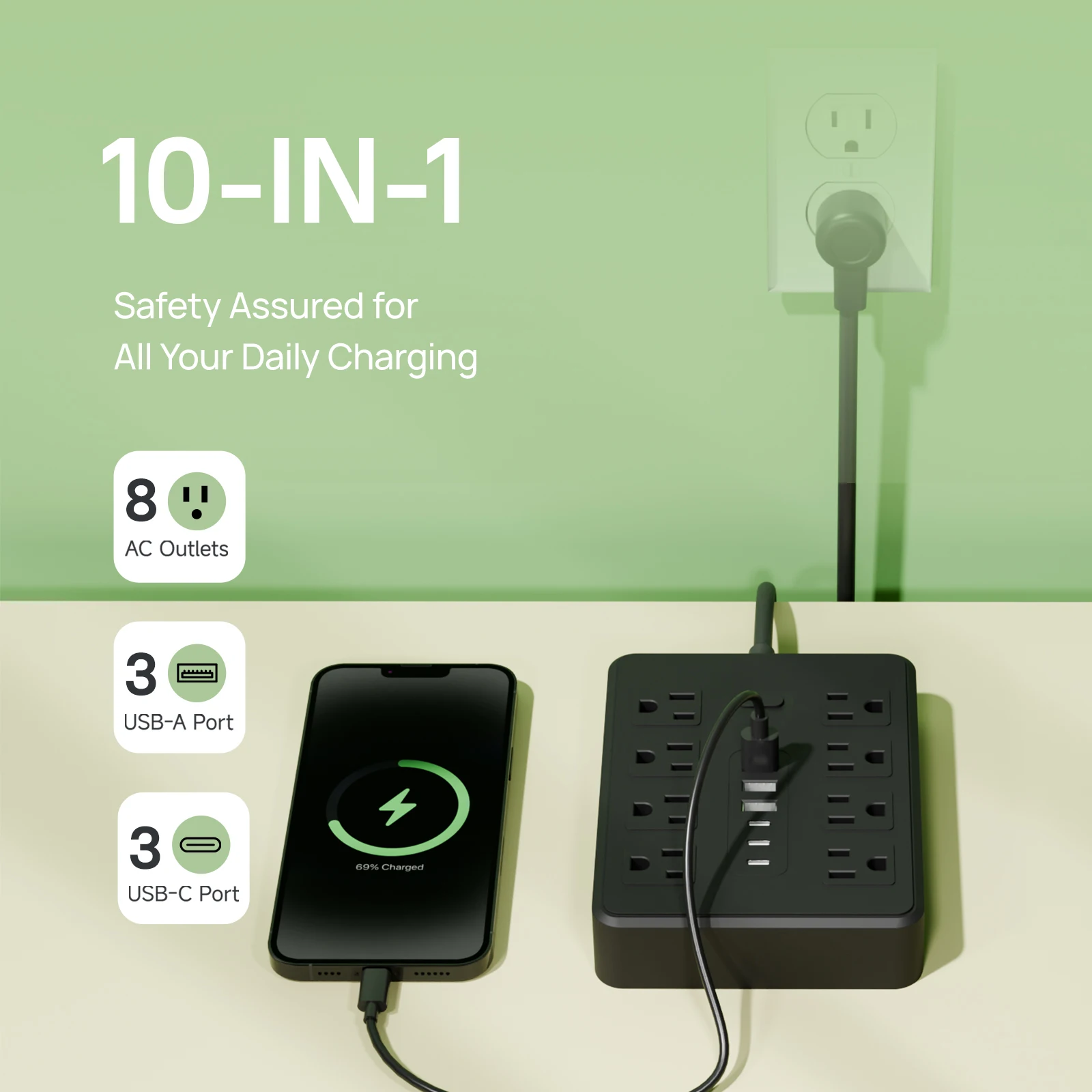14-in-1 US single switch power strip with 8 AC sockets, 3 USB 3 Type-C ports, 1.5-meter extension cord, built-in overload protec