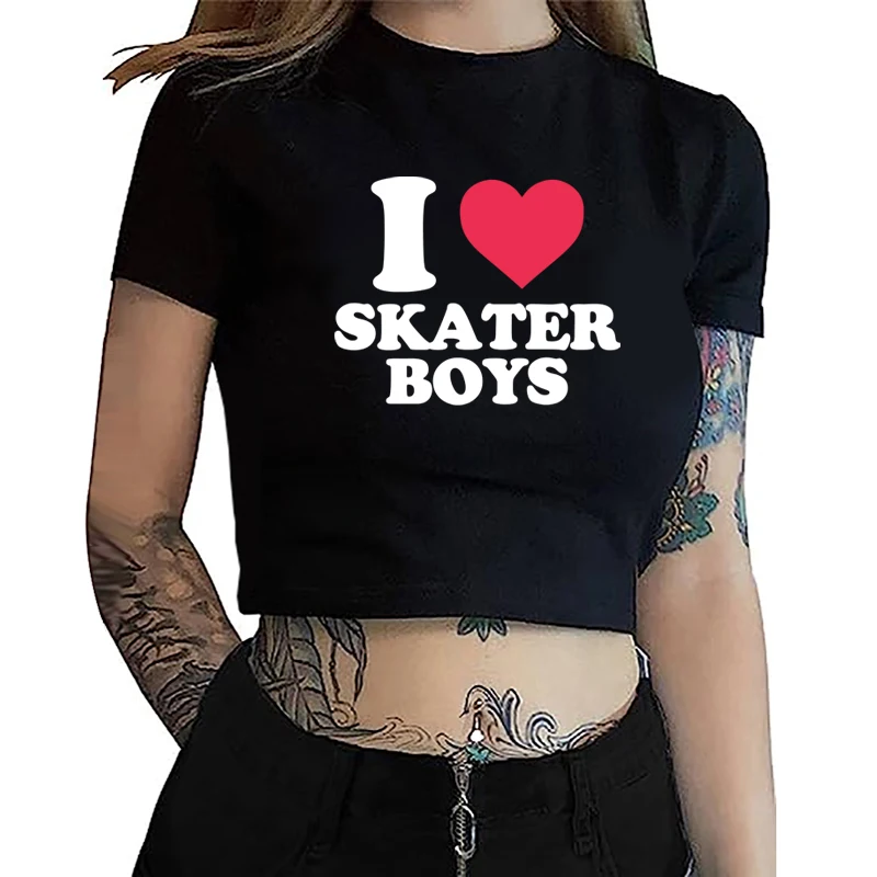 I like Skateboard Boy Graphic Print Crop Tops Grungy Retro Korean Fashion Crop Tops Girl Fairy Grunge Harajuku Gothic Streetwear