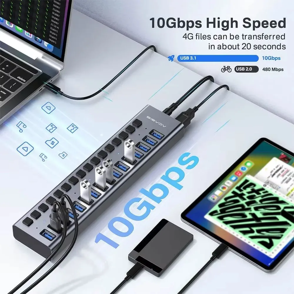 Acasis 16 Port 10Gbps USB Hub Splitter Data Transfer Charging For PC Laptop Workstation Multi Device Expansion Individual Switch