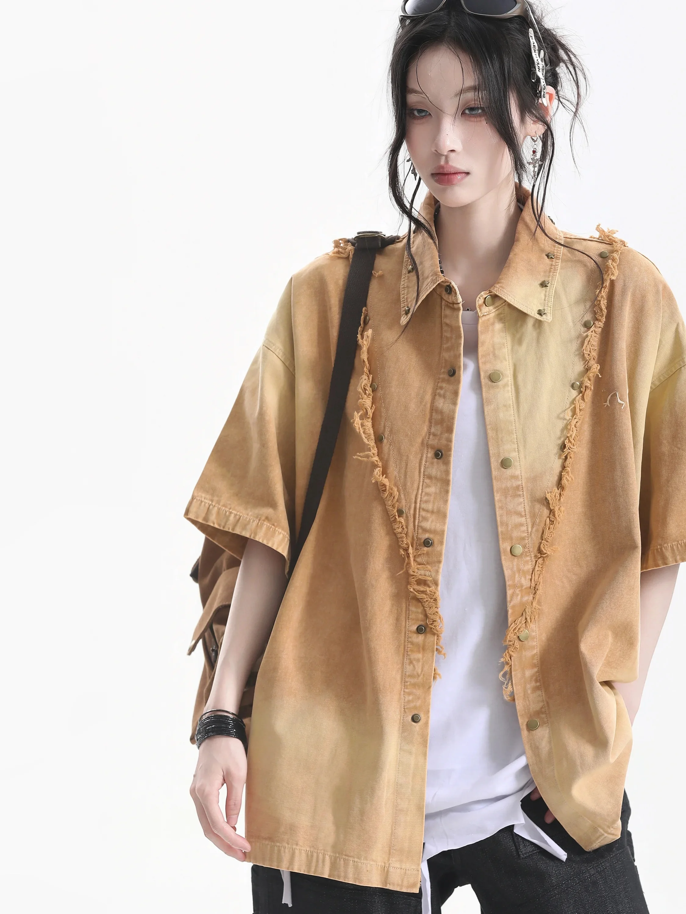 Loose Women's Short Sleeve Shirt American High Street Trendy Brand   Patchwork Design Casual Cotton Vintage Style