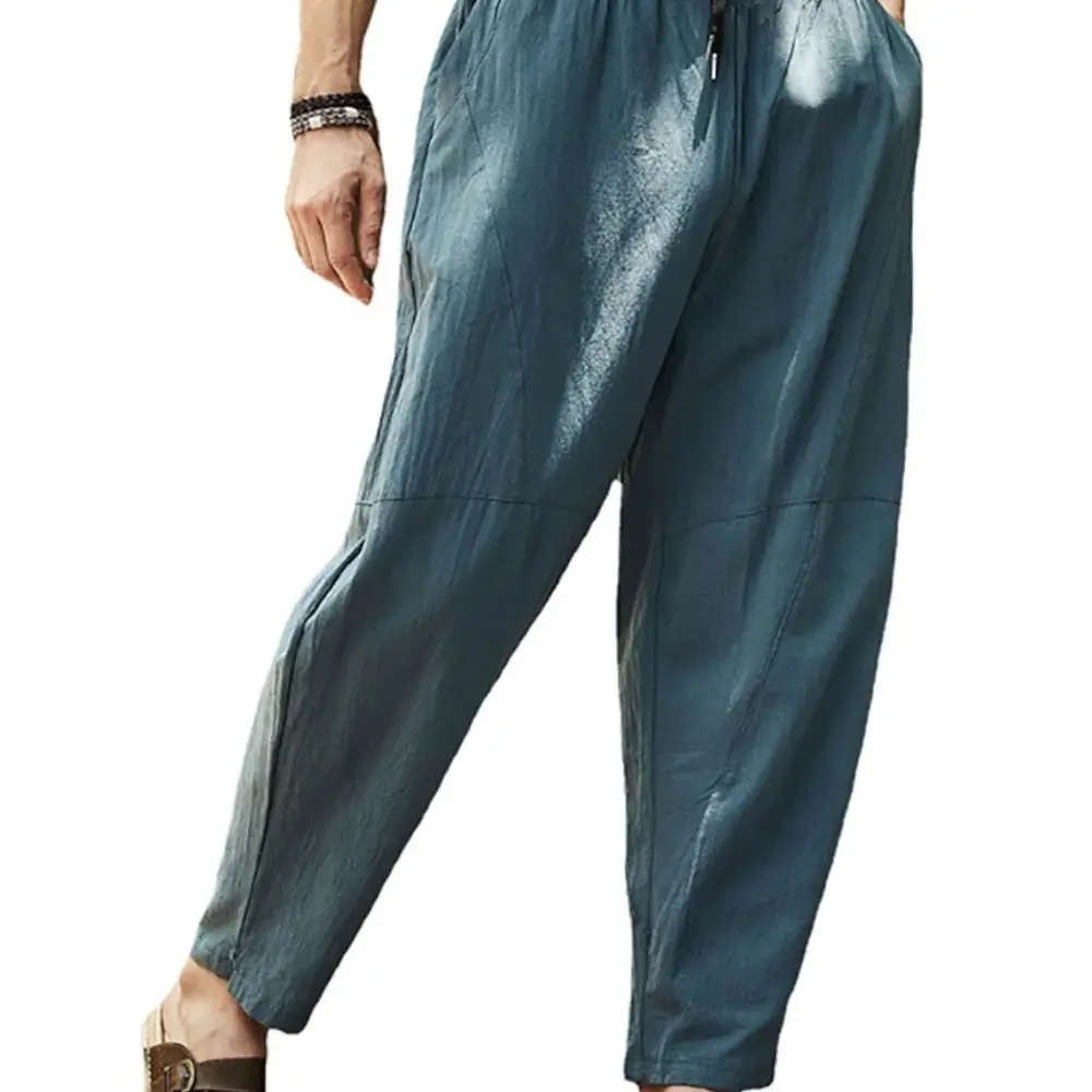 Loose Mens Harem Pants Casual Cotton Linen Joggers Elastic Waist Tapered Trousers Streetwear Hip Hop Summer Cropped Pants