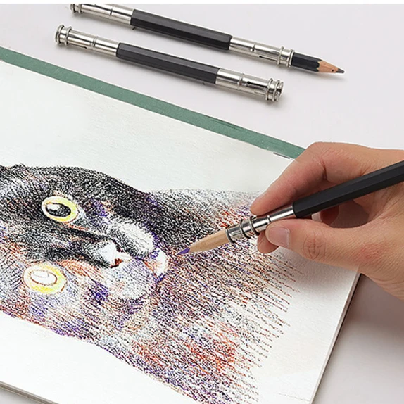 3Pcs Potlood Extender Rvs Tweekoppige Potlood Mouw Houtskool Clip Schets Potlood Extension Briefpapier Art Supplies