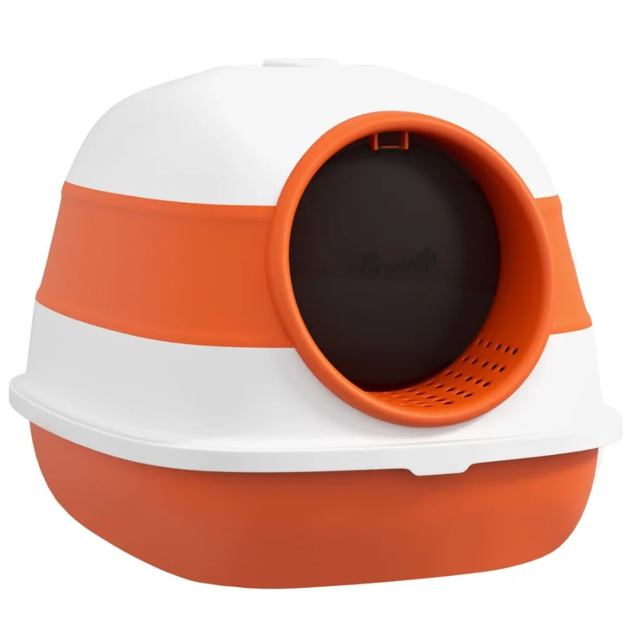 

Cat Litter Box with Lid Covered Litter Box w High Sides TwoWay Entrance Kitty Litter Box Foldable Easy Clean White and Orange