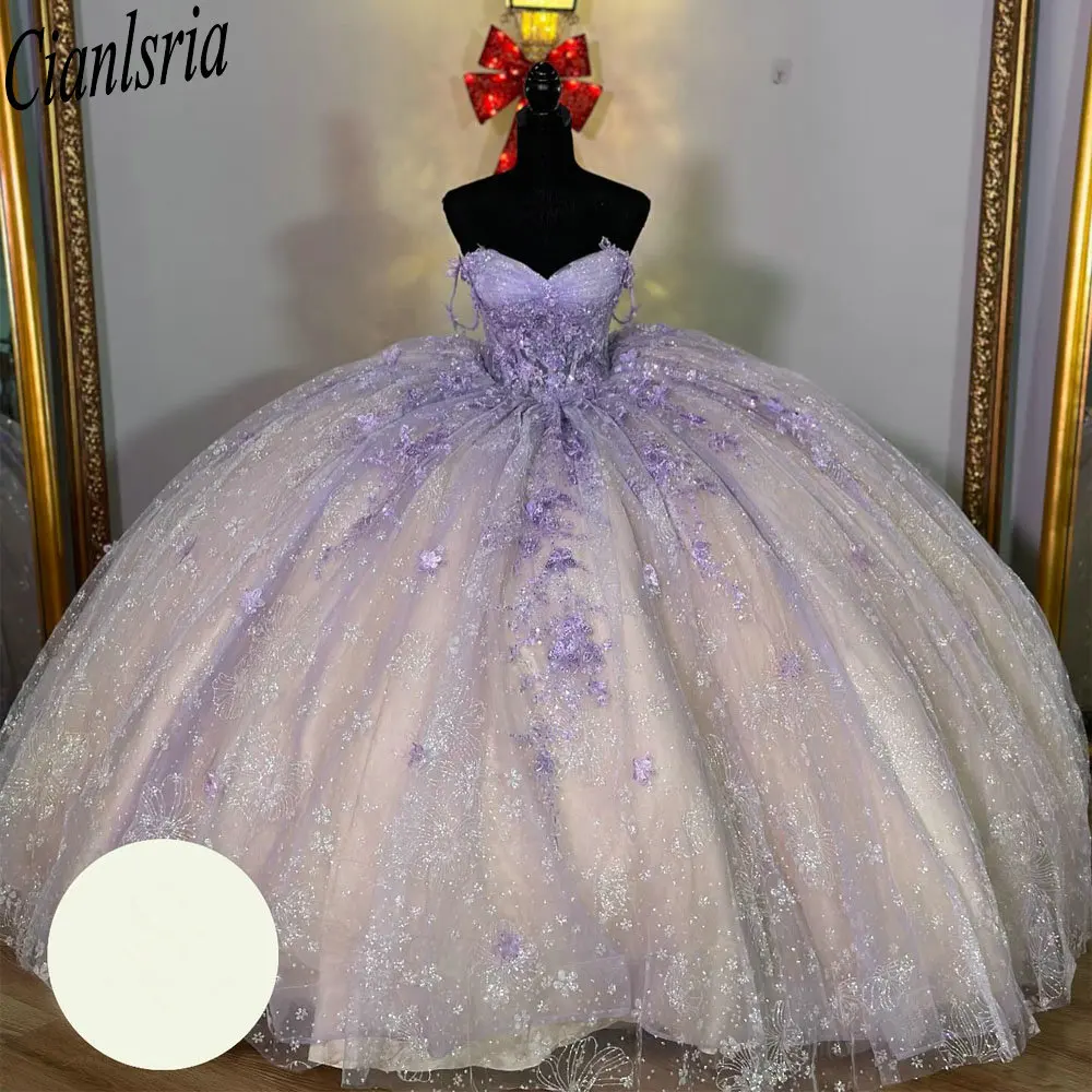 

Lilac Spaghetti Strap Crystal Ball Gown Quinceanera Dresses With Cape Illusion Sequined Appliques Corset Vestidos De 15 Años