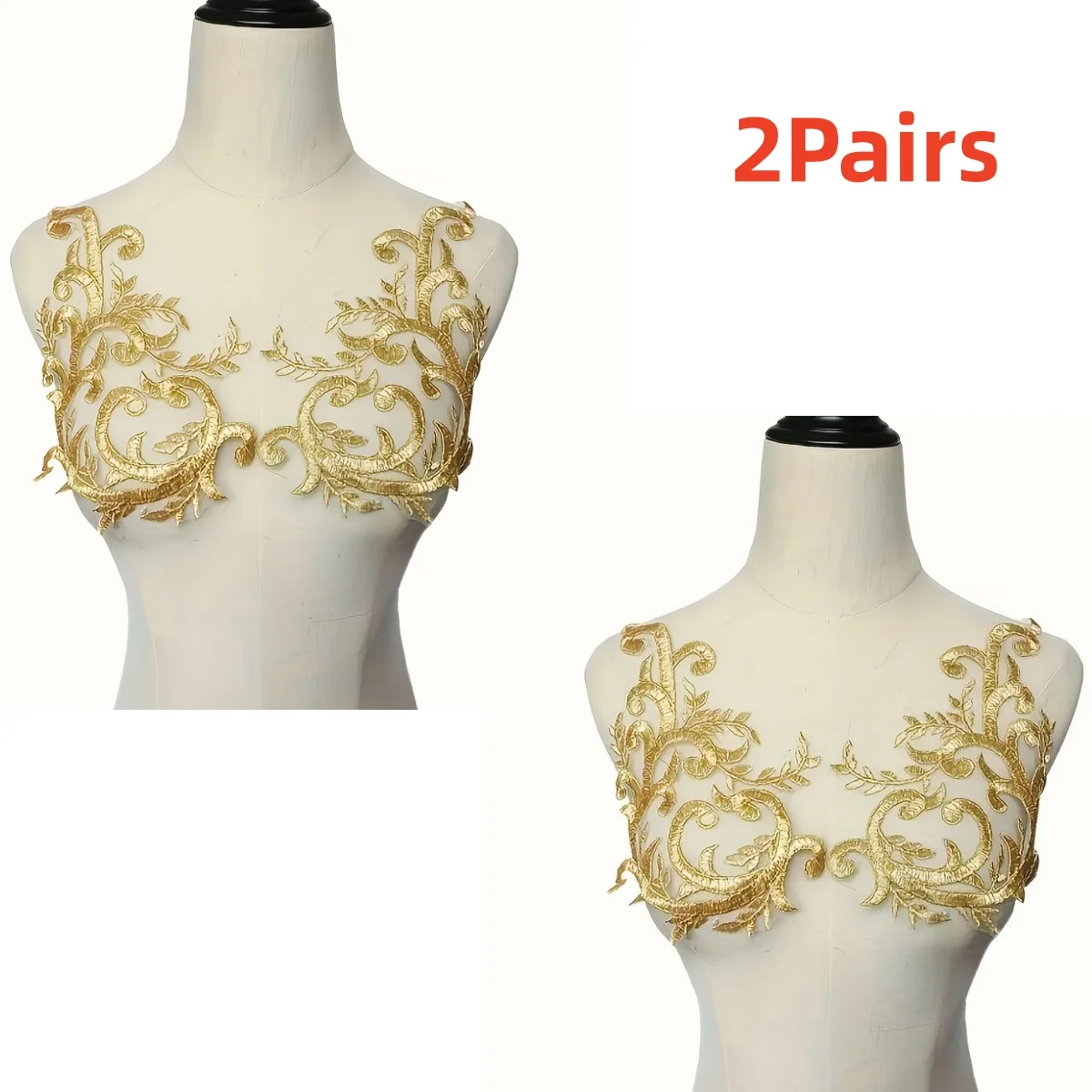 2 Pairs Golden lace fabric flower branch-shaped embroidery wedding dress collar net fabric is sewn with appliqués, used for DIY