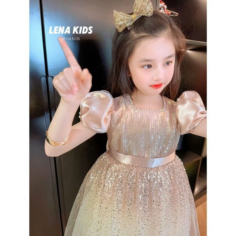 Spring Summer Childrens Princess Ball Gown Backless Birthday Glod Shiny Gauze Party Evening Dresses Girls Performance Clothing