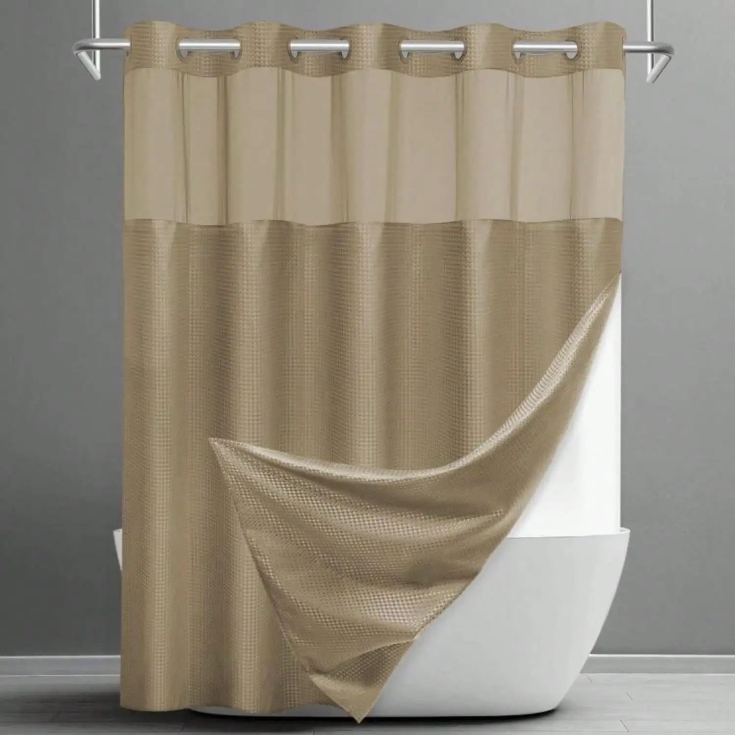 

No Hook Shower Curtain With Snap In Liner Set Waffle Shower Curtain For Bathroom Hotel Style Fabric Waterproof Inner Liner,71" W X 74" H, Beige