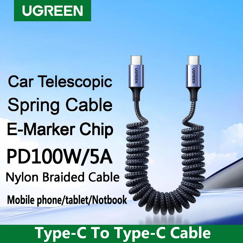 UGREEN Car Spring Type C To Type C Cable PD100W Fast Charging For Samsung APPE iPad iPhone 17 16 5 MacBook USB C Charger Android