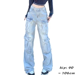 Calça jeans longa de algodão cargo feminina, perna larga, bolso múltiplo, lavando pedras, jeans, casual, para moças, azul, alta qualidade