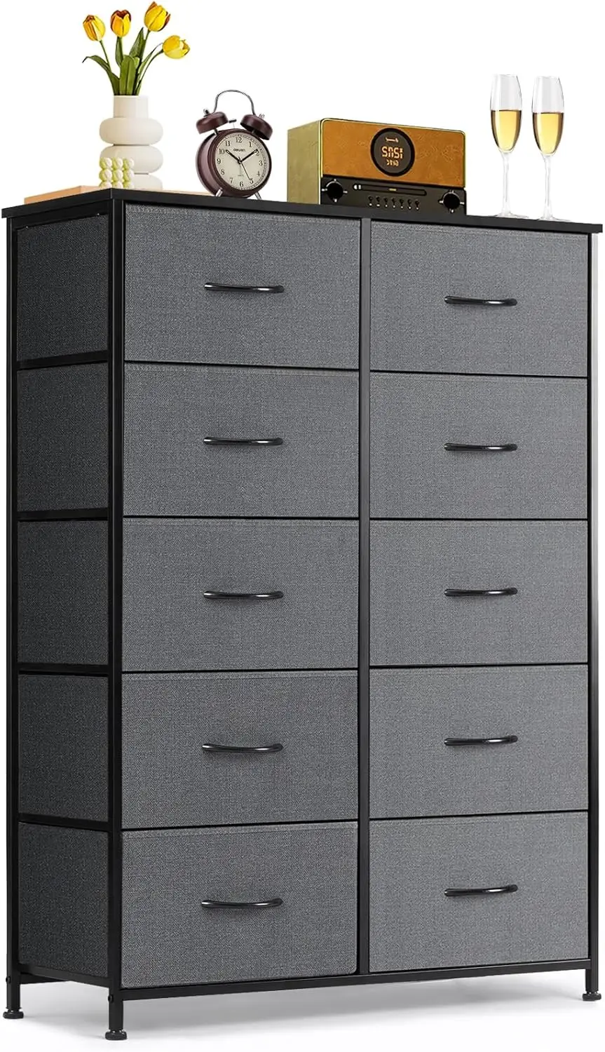 

10-Drawer Dresser with Wooden Top and Metal Frame, Anti-Tip Storage Organizer for Bedroom, Living Room, Gray